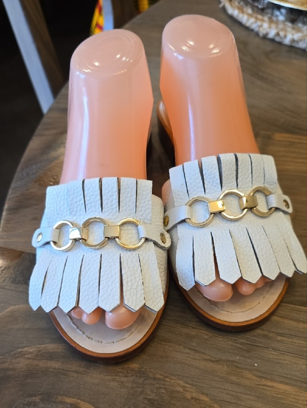 Kate Spade White Fringe Slide Mules with Gold Chain - Picture 12 of 12